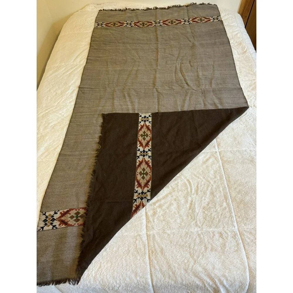Sanskriti Vintage Long Pure Woollen Brown Woven Kullu Shawl Scarf Throw Stole